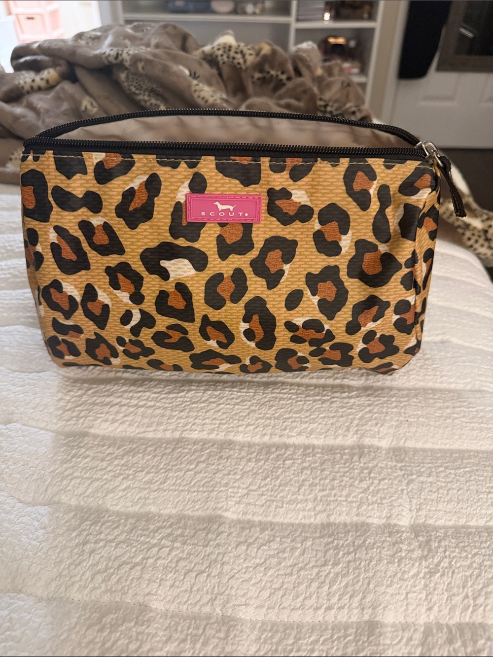 Scout Leopard Print Cosmetic Pouch in Tan, Black & Brown with Pink Logo